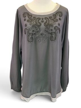 Robert Graham Women's Grey Steele Beaded Pleated Sleeves Silk Top Blouse Size L